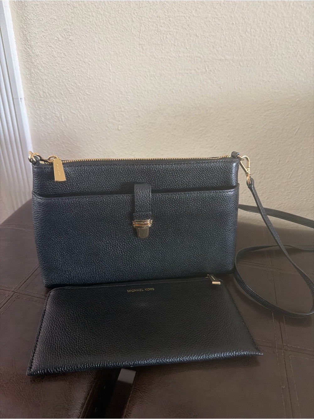 Michael Kors Black Pebbled Leather Crossbody Bag with Removable Pouch